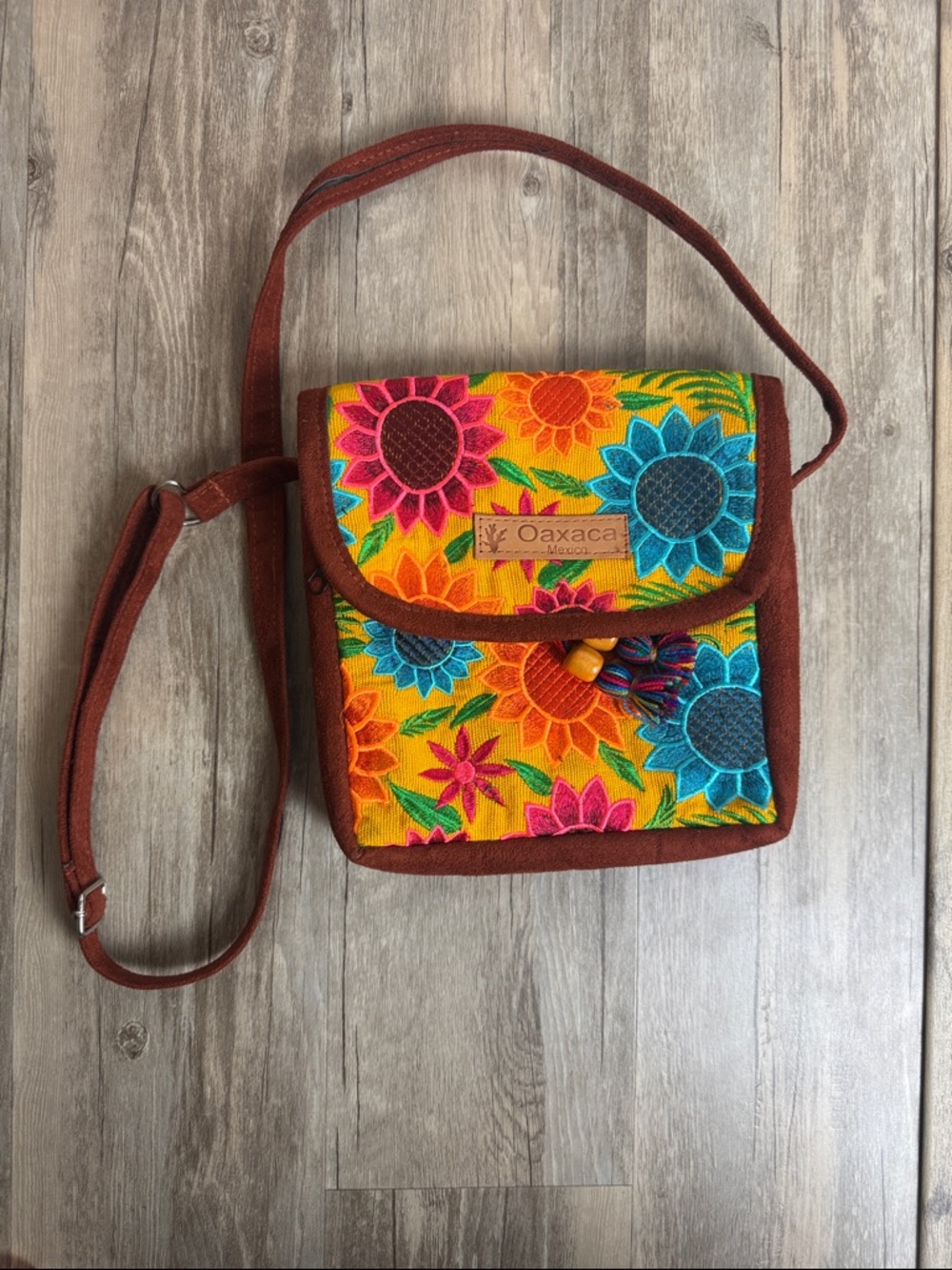 Oaxaca Mexico Embroidered Floral Crossbody Bag Suede Boho Like New